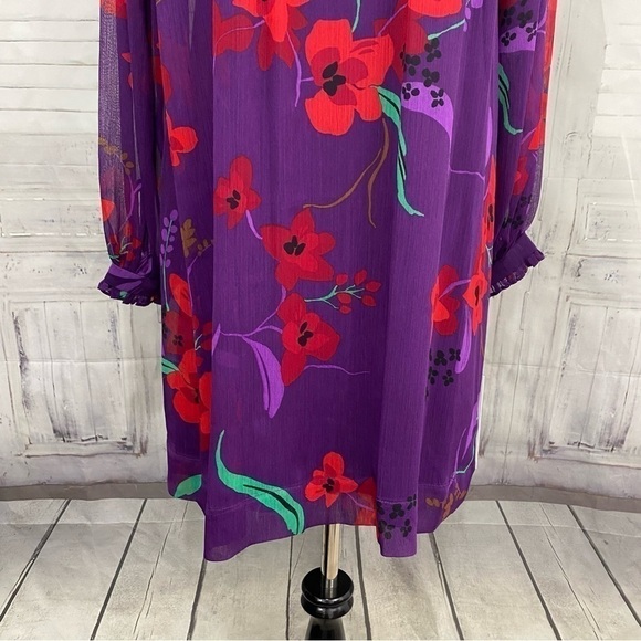 Calvin Klein Purple Red Floral Long Balloon Sleeve Mock Trapeze Above Knee Dress - Picture 5 of 12